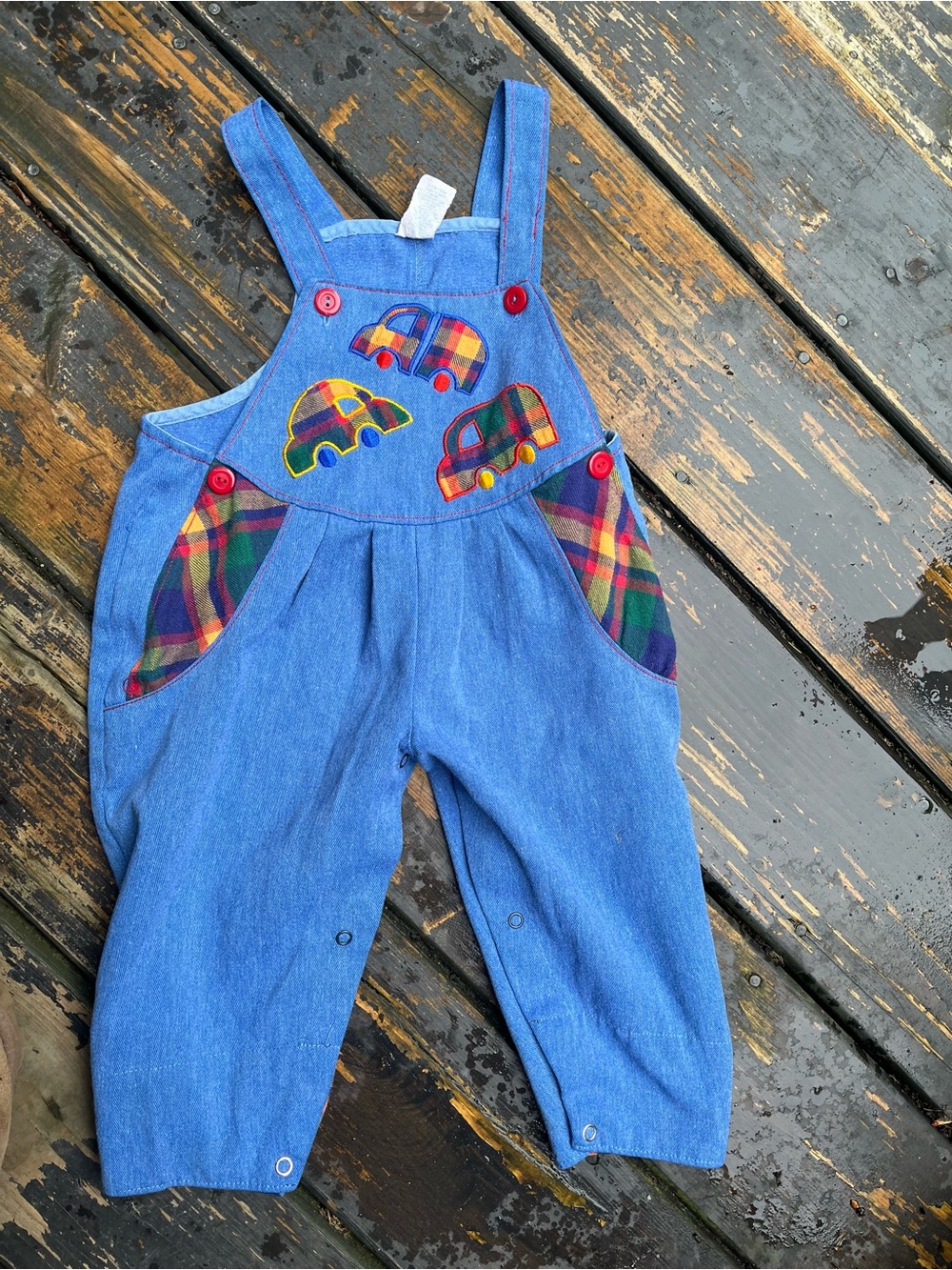 70s Blue Denim Kids Overalls with Plaid Car Appliqués SZ 12 mo